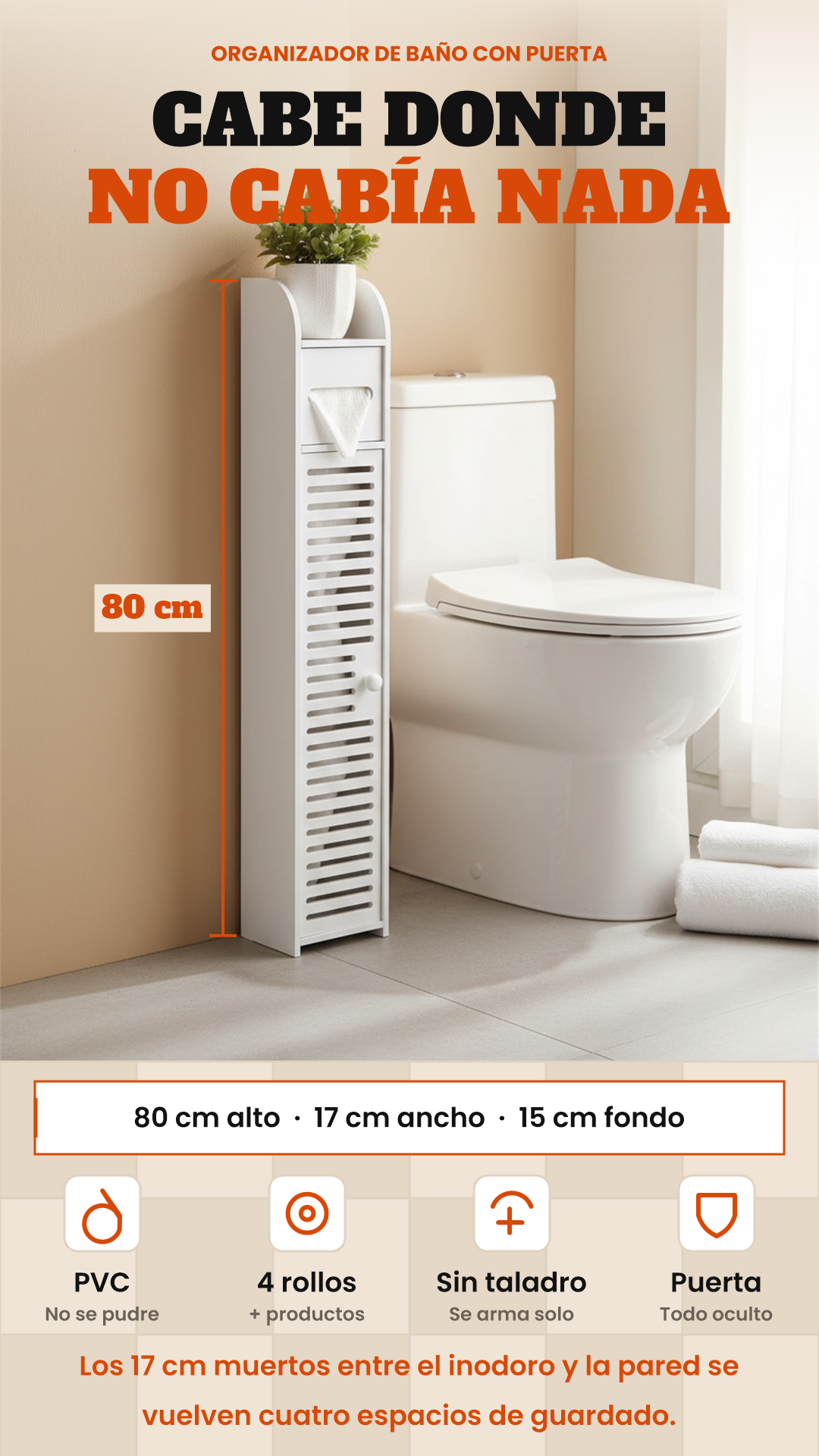 ORGANIZADOR DE BAÑO CON PUERTA Y PORTARROLLOS – CABE ENTRE EL INODORO Y LA PARED