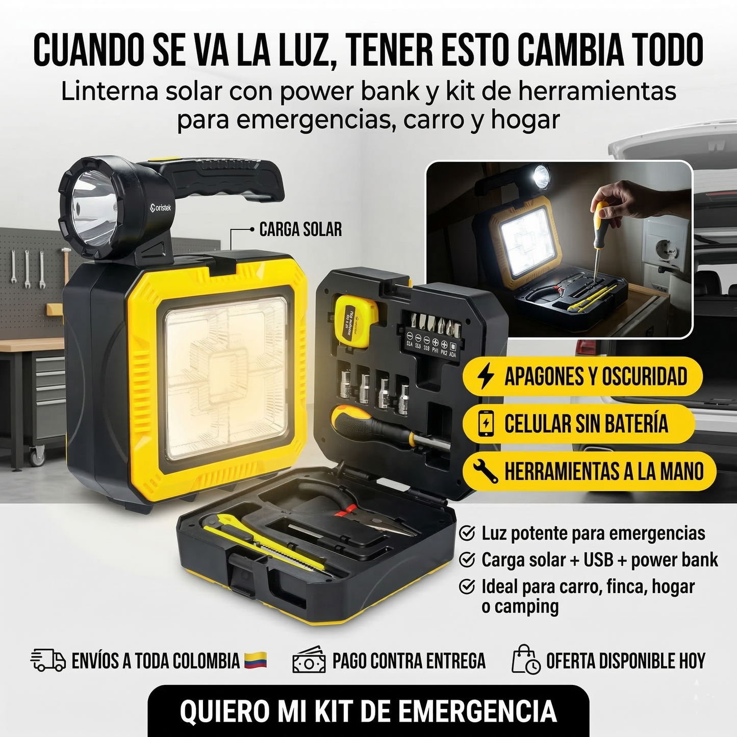 LINTERNA SOLAR MULTIFUNCIONAL CON KIT DE HERRAMIENTAS – LUZ POTENTE Y POWER BANK | ENVÍO GRATIS 🇨🇴