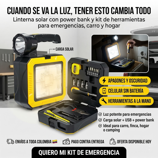 LINTERNA SOLAR MULTIFUNCIONAL CON KIT DE HERRAMIENTAS – LUZ POTENTE Y POWER BANK | ENVÍO GRATIS 🇨🇴