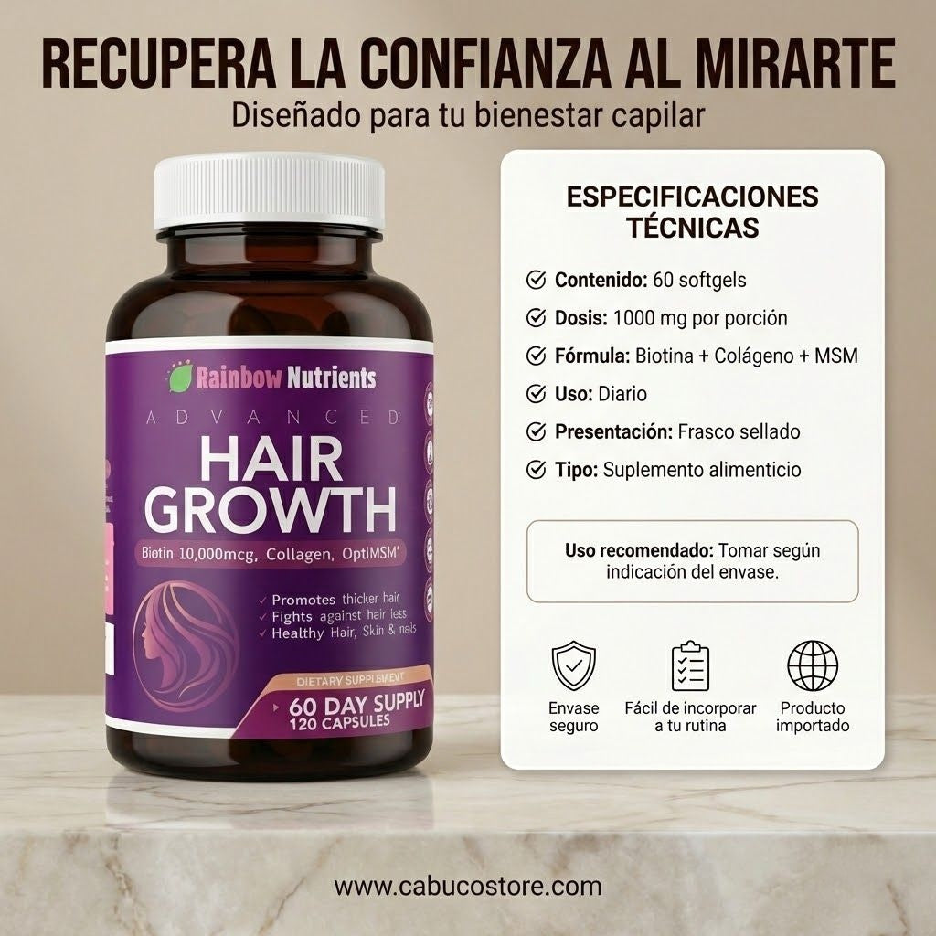 HAIR GROWTH – TRATAMIENTO VITAMÍNICO PARA EL CRECIMIENTO DEL CABELLO – BIOTINA + COLÁGENO – FÓRMULA 3 EN 1 – ENVÍO GRATIS 🇨🇴