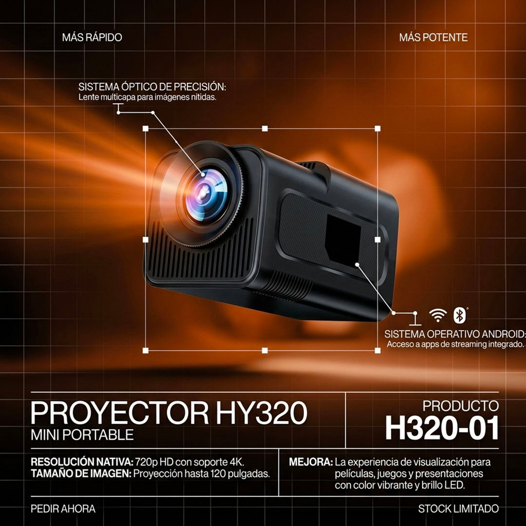MINI PROYECTOR SMART HY320 – TU PROPIO CINE EN CASA HD CON SOPORTE 4K | ENVÍO GRATIS 🇨🇴