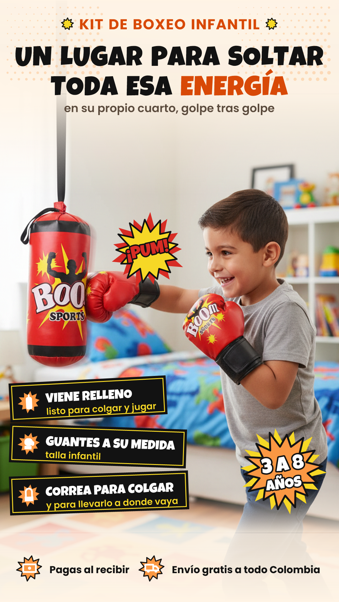 KIT DE BOXEO INFANTIL – UN LUGAR PARA SOLTAR TODA SU ENERGÍA, VIENE RELLENO Y LISTO PARA COLGAR