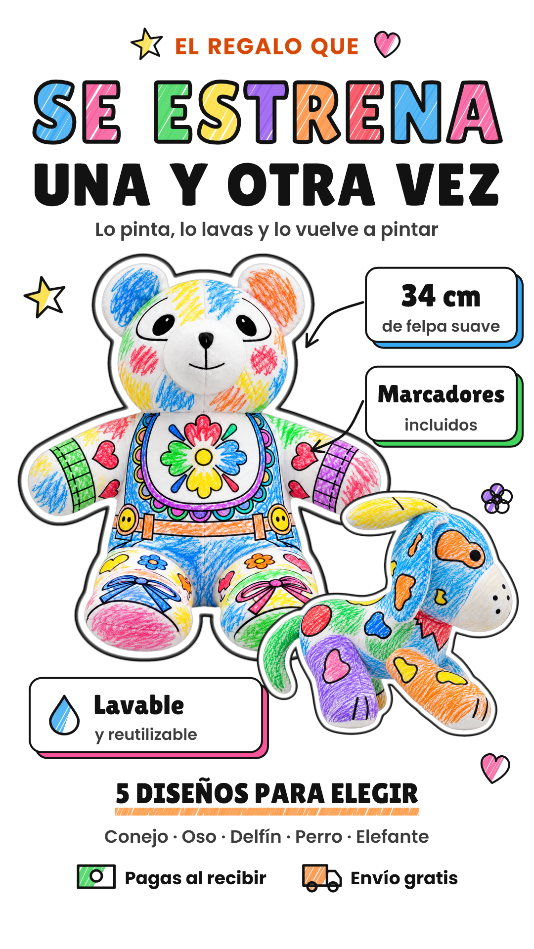 PELUCHE PARA PINTAR CON MARCADORES INCLUIDOS – CRÉALO, LÁVALO Y VUELVE A EMPEZAR