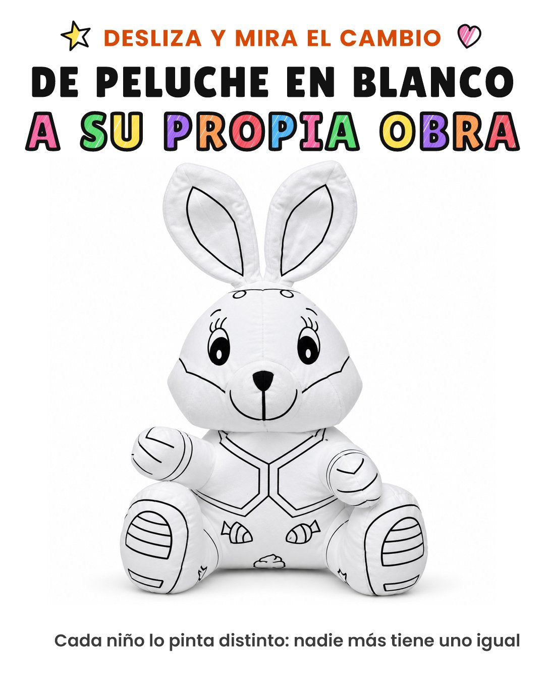 Peluche conejo en blanco, así llega