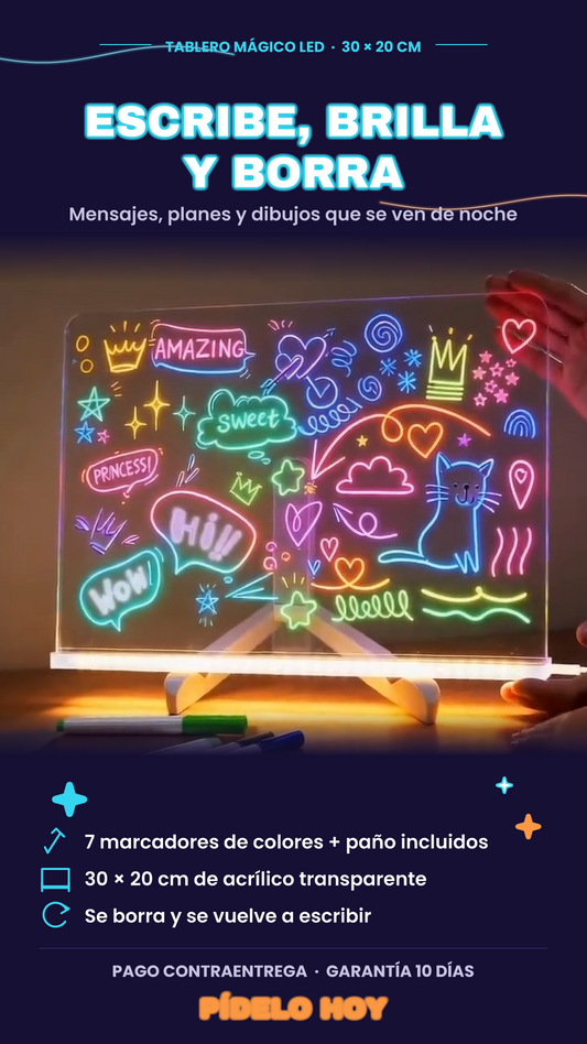 TABLERO MÁGICO LED 30x20 – ESCRIBE Y BRILLA: MENSAJES, PLANES Y DIBUJOS QUE SE VEN DE NOCHE